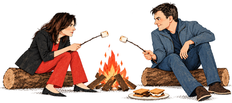Illustration: Amy and Patrick Kirkland sit on logs either side of a campfire, toasting marshmallows and eyeing each other, with a plate of s’mores between them.