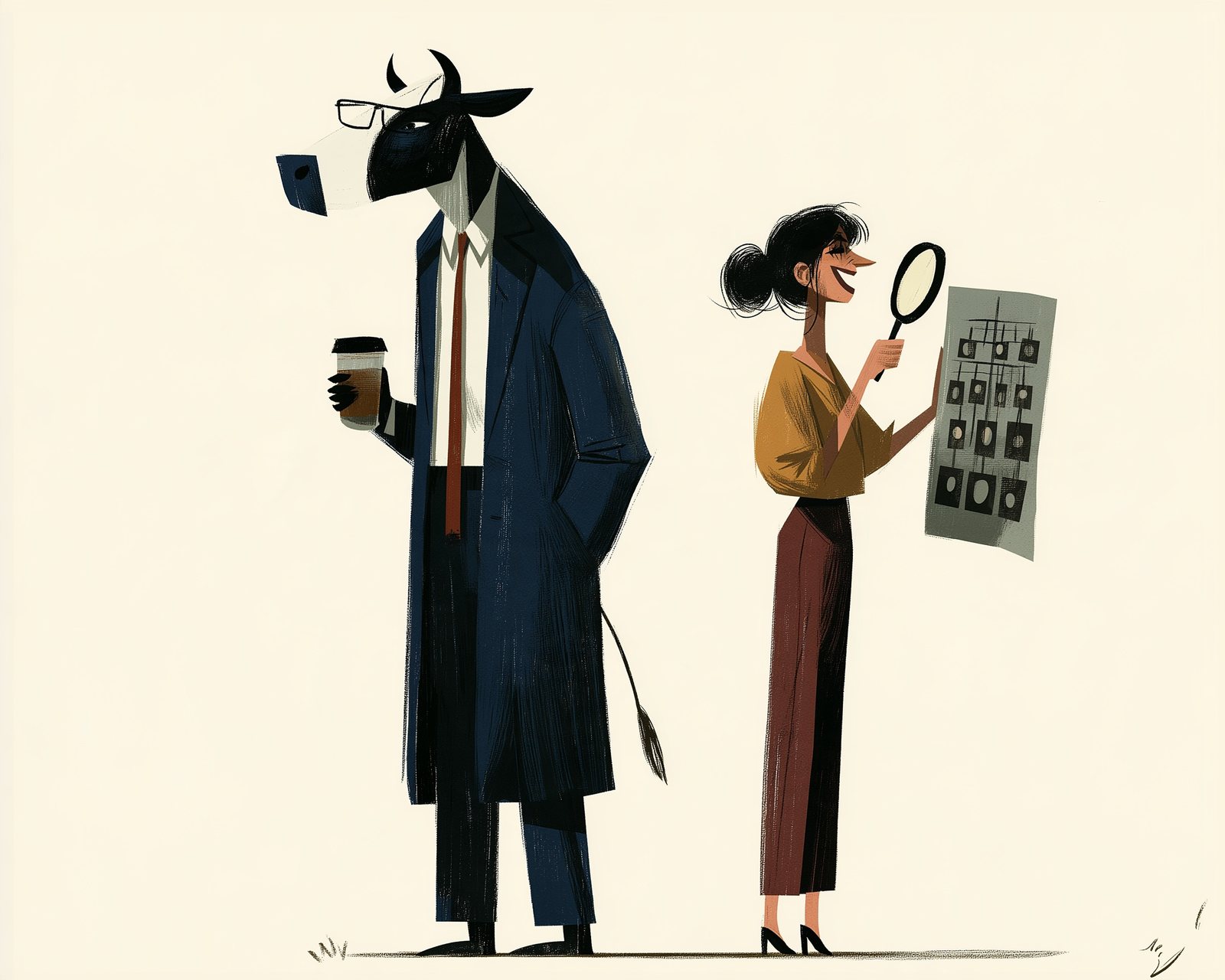 Illustration: a cow in glasses and an overcoat holds a coffee beside a woman studying a family tree through a magnifying glass.