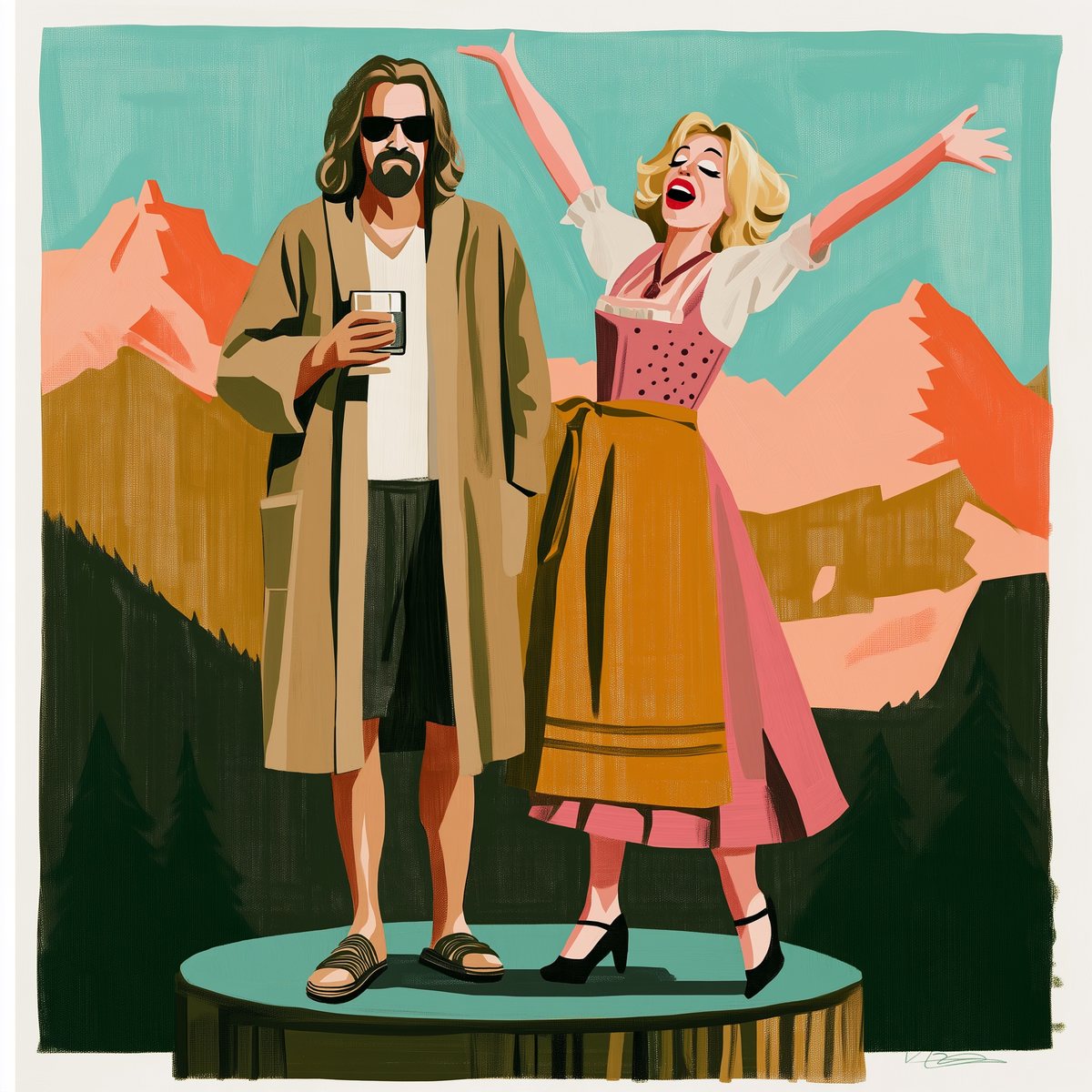 Illustration: a man in a bathrobe holding a drink stands beside a woman singing with her arms flung wide, mountains behind them.