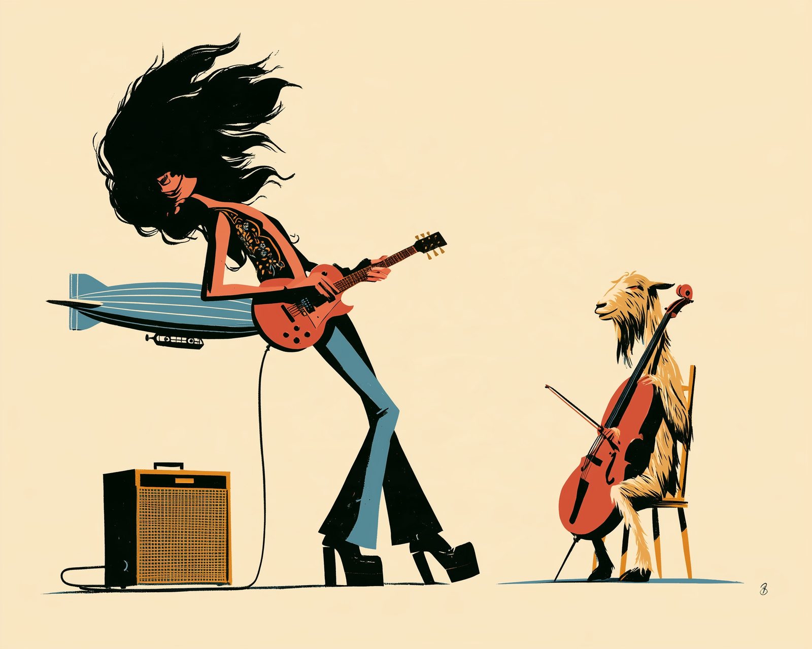 Illustration: a long-haired guitarist in platform boots plays beside a goat on a cello.
