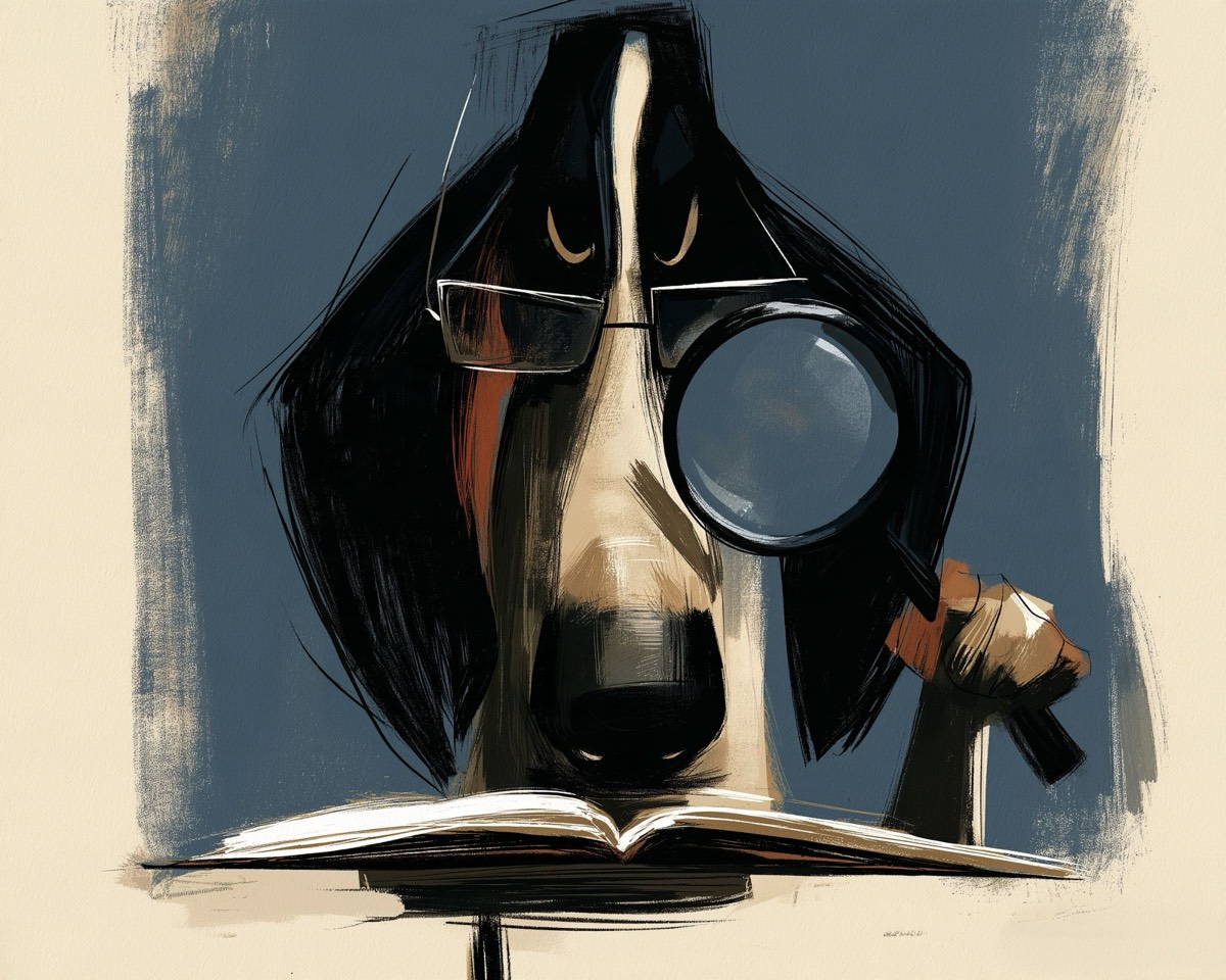 Illustration: a long-eared dog in reading glasses peers through a magnifying glass at an open book.