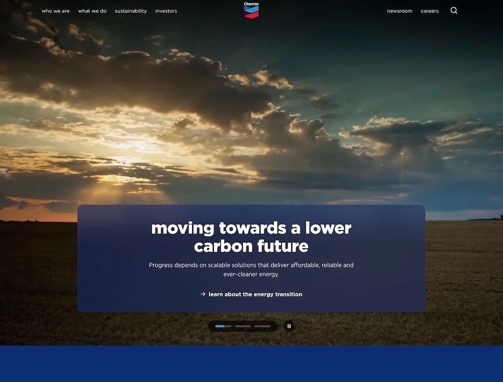 Chevron homepage opening: moving towards a lower carbon future, followed by supporting copy and a link to learn about the energy transition.